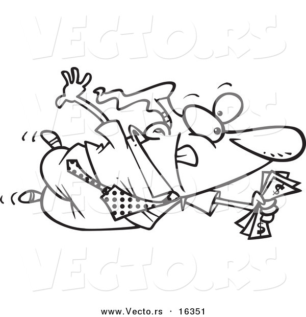 Vector of a Cartoon Businessman Flying Towards a Good Deal - Outlined Coloring Page Drawing