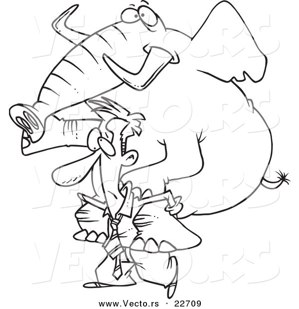 Vector of a Cartoon Businessman Giving an Elephant a Piggy Back Ride - Coloring Page Outline