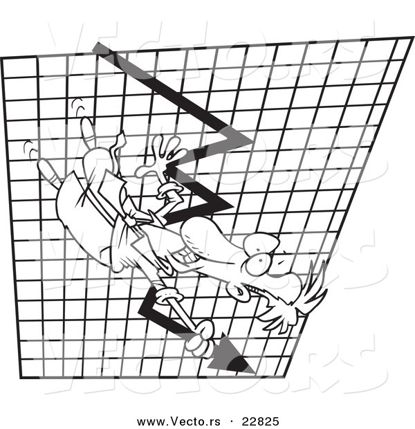 Vector of a Cartoon Businessman Going down on a Plummeting Graph - Coloring Page Outline