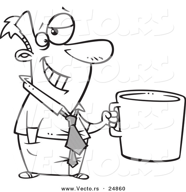 Vector of a Cartoon Businessman Grinning and Holding a Giant Coffee Mug - Outlined Coloring Page