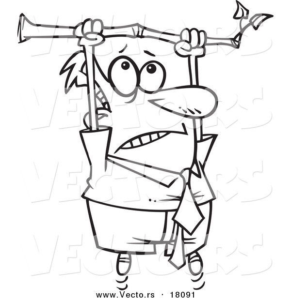Vector of a Cartoon Businessman Hanging from a Limb - Outlined Coloring Page
