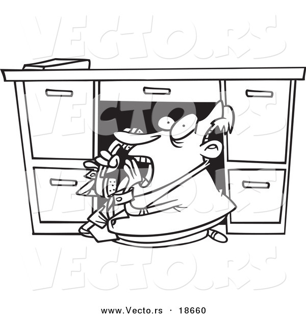 Vector of a Cartoon Businessman Hiding Under His Desk and Calling the Police - Outlined Coloring Page