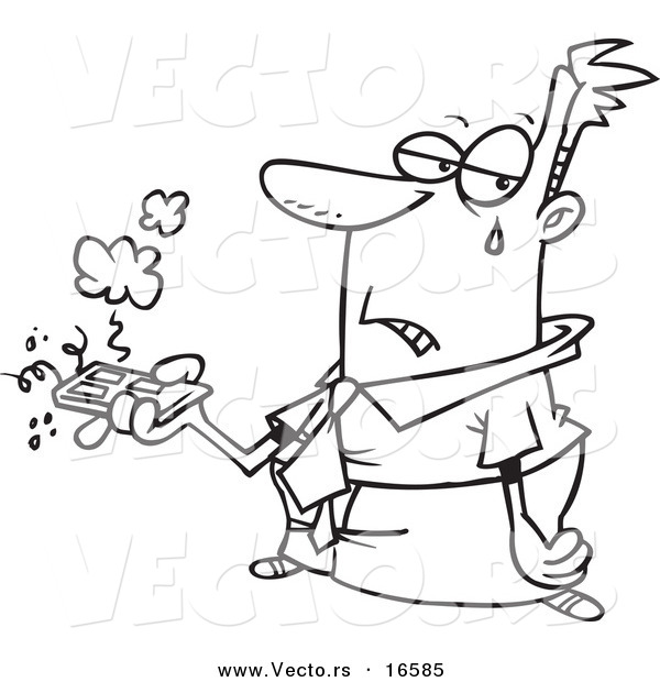 Vector of a Cartoon Businessman Holding a Bad Remote Control - Outlined Coloring Page Drawing