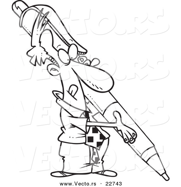 Vector of a Cartoon Businessman Holding a Huge Pen - Coloring Page Outline