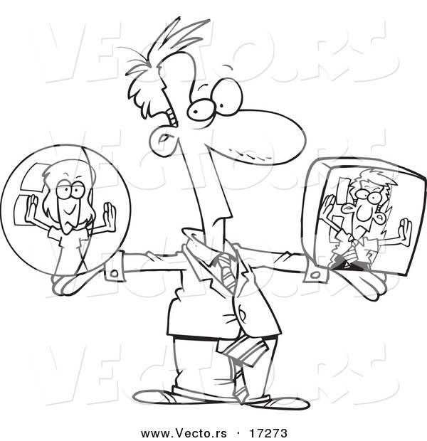 Vector of a Cartoon Businessman Holding Boxed in Employees - Coloring Page Outline