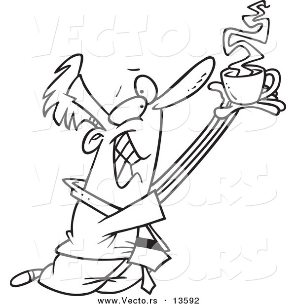 Vector of a Cartoon Businessman Holding Coffee up to Whom He Worships - Coloring Page Outline