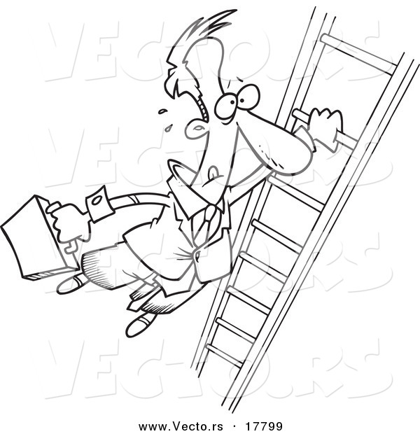 Vector of a Cartoon Businessman Holding onto a Ladder with One Hand - Outlined Coloring Page
