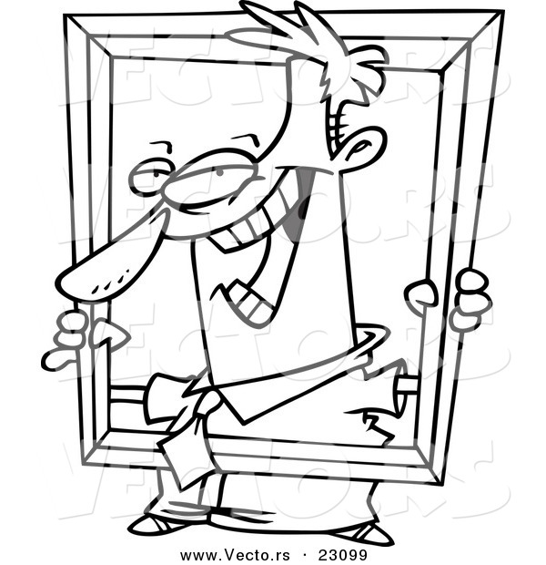 Vector of a Cartoon Businessman Holding up a Frame - Coloring Page Outline