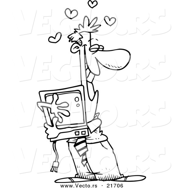 Vector of a Cartoon Businessman Hugging His Computer - Outlined Coloring Page