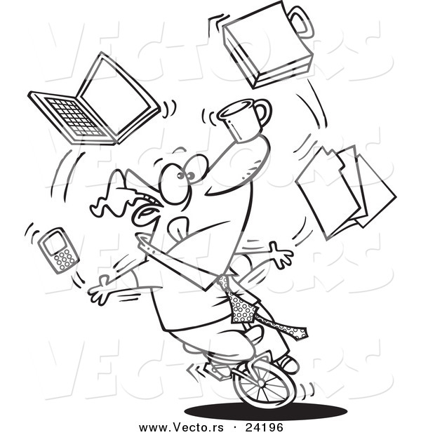 Vector of a Cartoon Businessman Juggling Tasks on a Unicycle - Coloring Page Outline