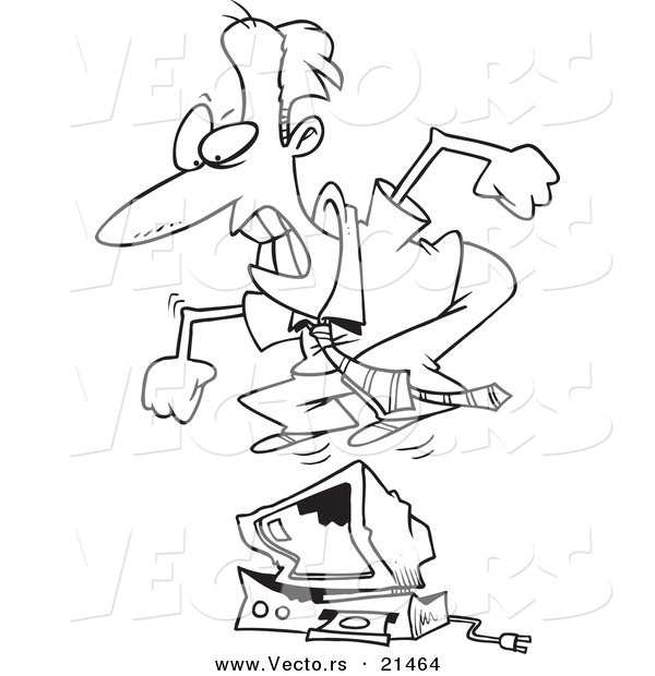 Vector of a Cartoon Businessman Jumping on a Computer - Outlined Coloring Page