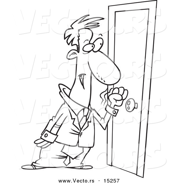 Vector of a Cartoon Businessman Knocking on a Door - Coloring Page Outline