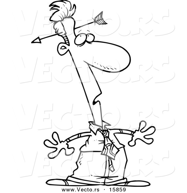 Vector of a Cartoon Businessman Noticing an Arrow in His Head - Outlined Coloring Page Drawing