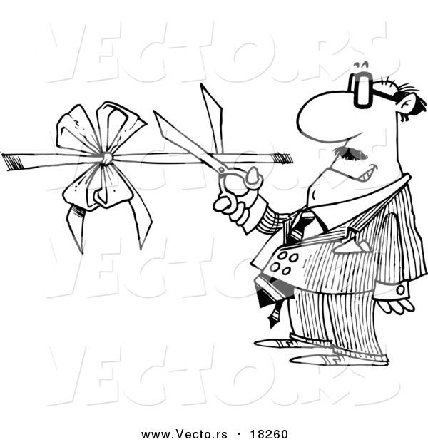 Vector of a Cartoon Businessman Performing a Ribbon Cutting Ceremony - Outlined Coloring Page