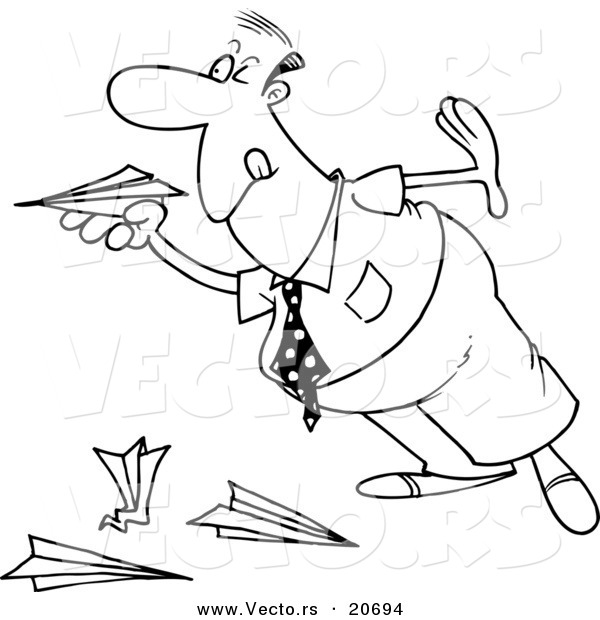 Vector of a Cartoon Businessman Playing with Paper Planes - Coloring Page Outline