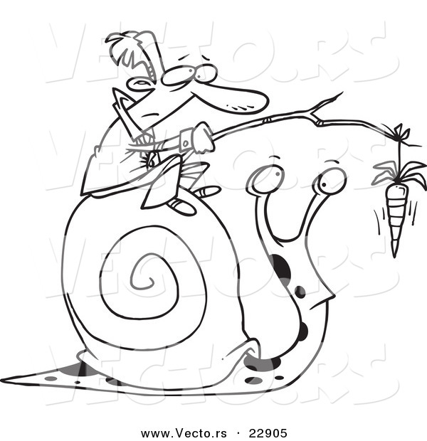 Vector of a Cartoon Businessman Progressing a Snail with a Carrot - Coloring Page Outline