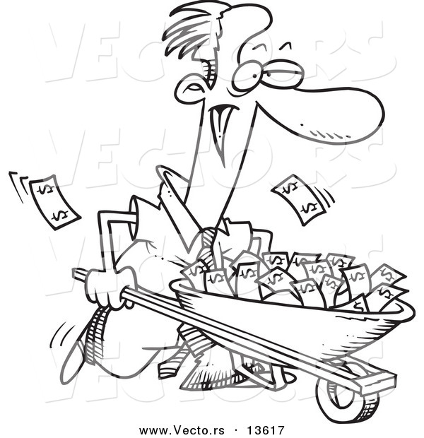 Vector of a Cartoon Businessman Pushing a Wheelbarrow Full of Cash - Coloring Page Outline