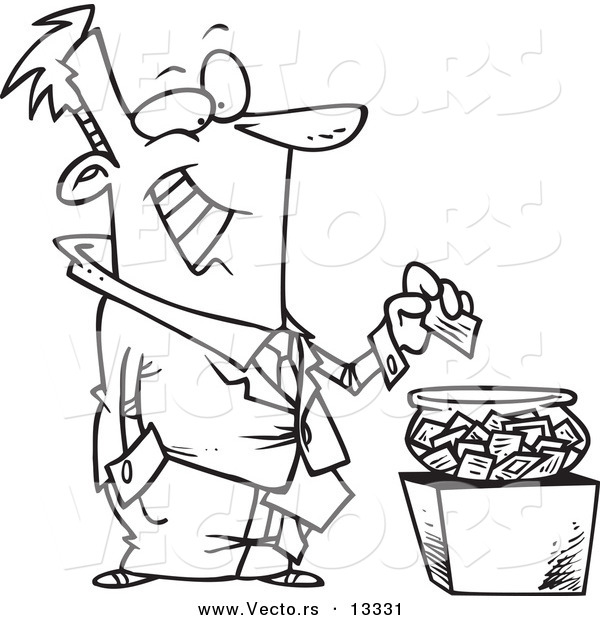 Vector of a Cartoon Businessman Putting His Card into a Bowl for a Drawing - Coloring Page Outline