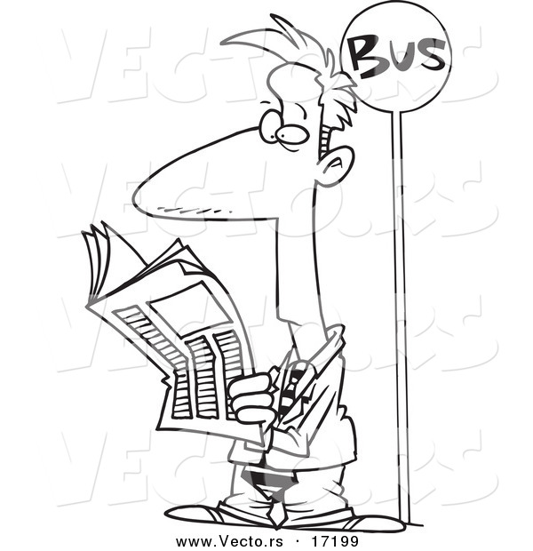 Vector of a Cartoon Businessman Reading the Newspaper at a Bus Stop - Coloring Page Outline