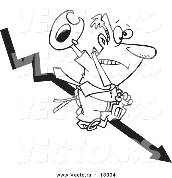 Vector of a Cartoon Businessman Riding a Downwards Arrow like a Cowboy - Outlined Coloring Page
