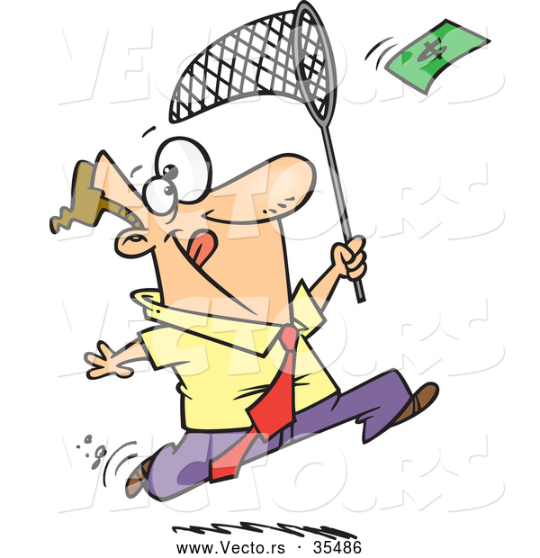 Vector of a Cartoon Businessman Running After Flying Money with a Net
