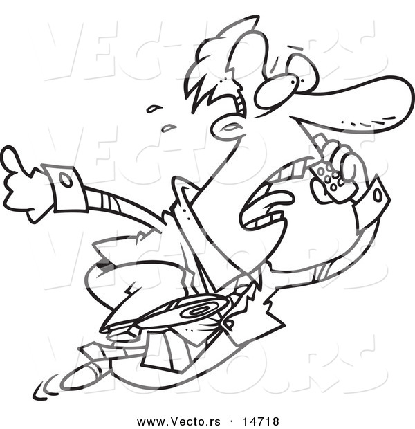Vector of a Cartoon Businessman Running and Talking on a Cell Phone - Coloring Page Outline