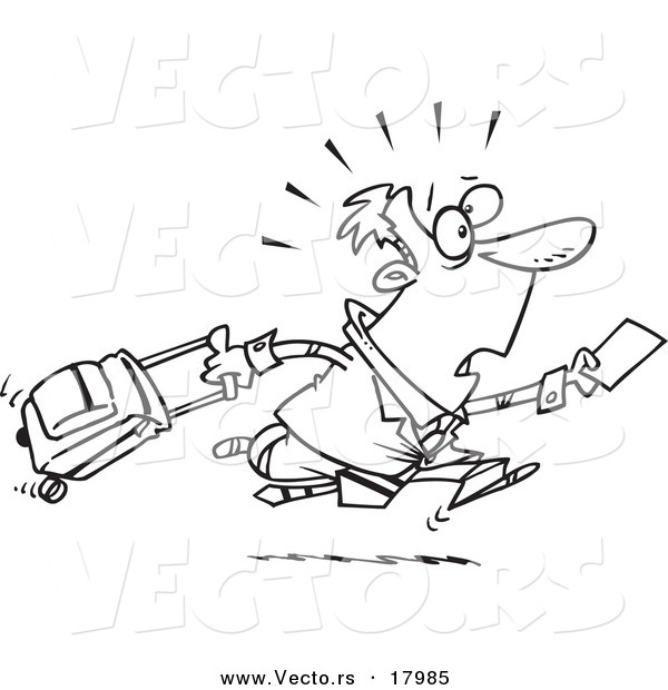 Vector of a Cartoon Businessman Running Late for a Flight - Outlined Coloring Page