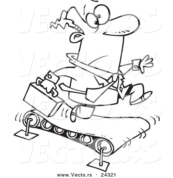 Vector of a Cartoon Businessman Running on a Treadmill Black and White Outline - Outlined Coloring Page
