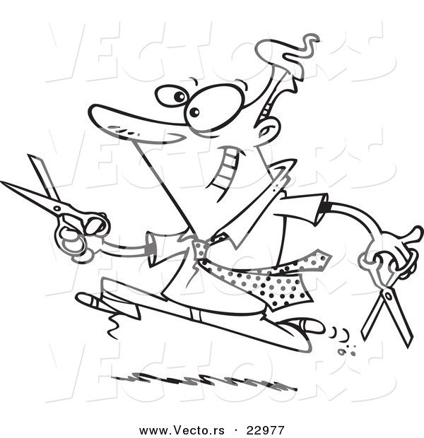 Vector of a Cartoon Businessman Running with Scissors - Coloring Page Outline