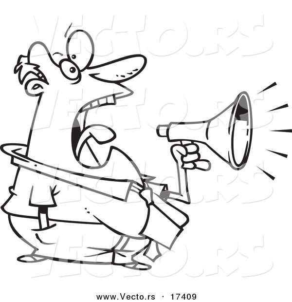 Vector of a Cartoon Businessman Screaming Through a Bullhorn - Coloring Page Outline
