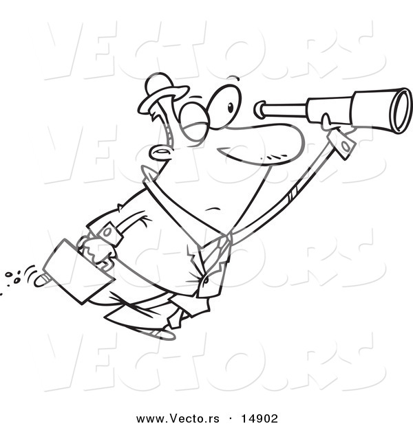 Vector of a Cartoon Businessman Seeking an Opportunity with a Telescope - Coloring Page Outline