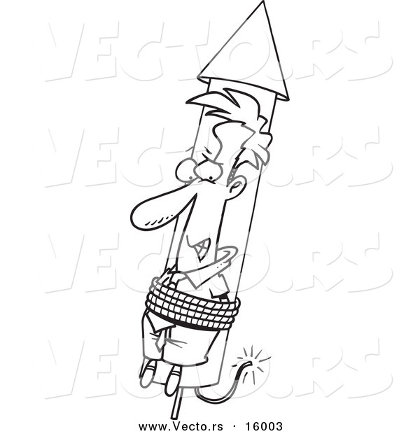 Vector of a Cartoon Businessman Shooting off with a Rocket - Outlined Coloring Page Drawing