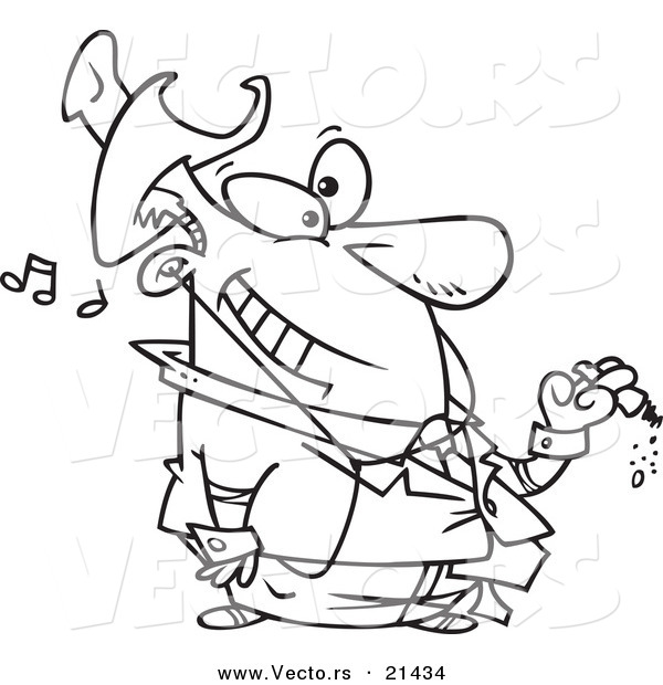 Vector of a Cartoon Businessman Smoking a Cigar and Listening to Music - Outlined Coloring Page