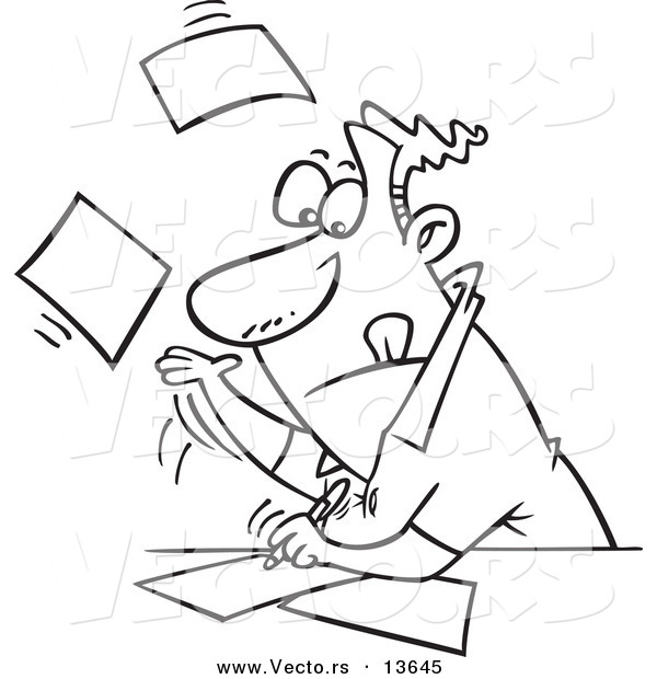 Vector of a Cartoon Businessman Speeding Through Paperwork - Coloring Page Outline