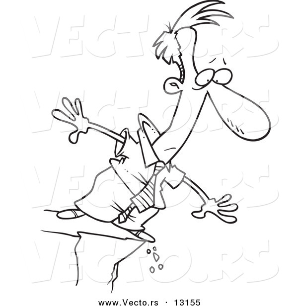 Vector of a Cartoon Businessman Standing on a Cliff and Looking down - Coloring Page Outline