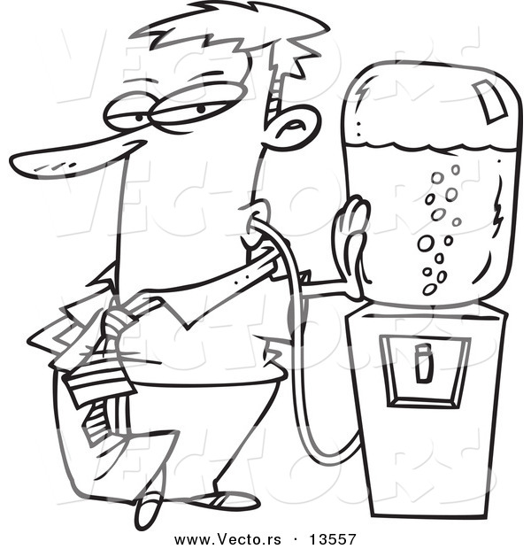 Vector of a Cartoon Businessman Sucking Water from a Water Cooler with a Tube - Coloring Page Outline