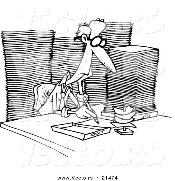 Vector of a Cartoon Businessman Surrounded by Paperwork - Outlined Coloring Page