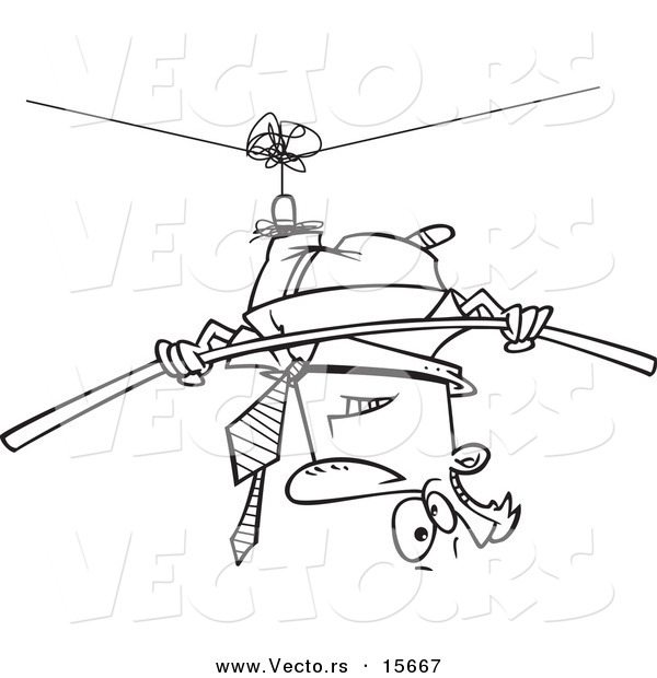Vector of a Cartoon Businessman Suspended Upside down from a Tight Rope - Coloring Page Outline
