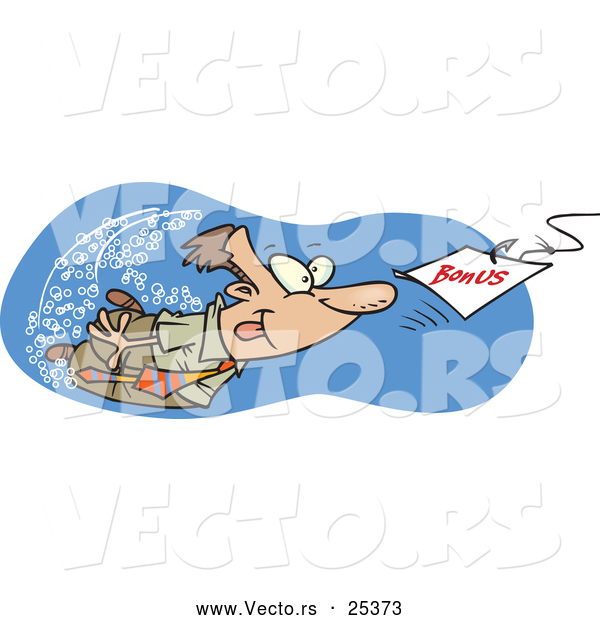 Vector of a Cartoon Businessman Swimming After a Fishing Hook with Bonus Bait Attached