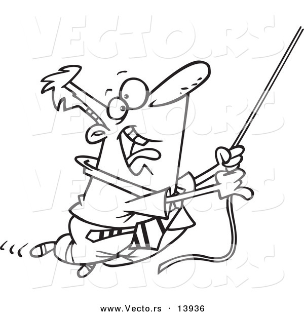 Vector of a Cartoon Businessman Swinging from a Rope - Coloring Page Outline