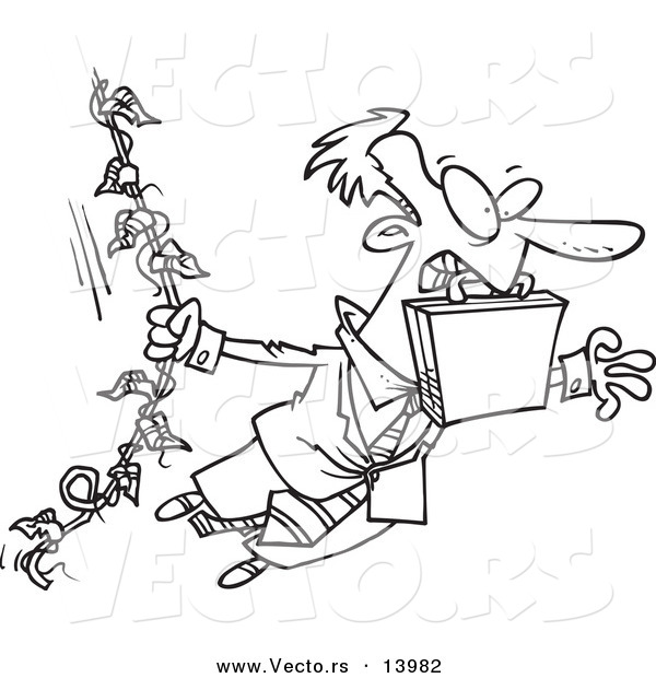 Vector of a Cartoon Businessman Swinging from a Vine like Tarzan - Coloring Page Outline