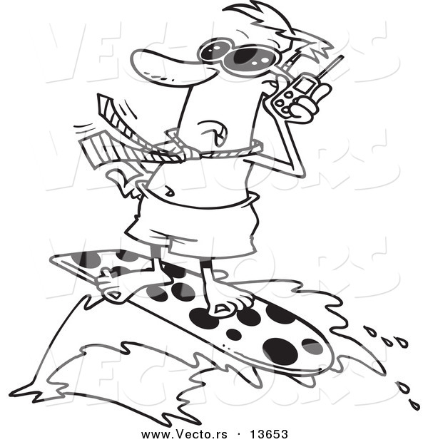 Vector of a Cartoon Businessman Talking on a Cell Phone While Surfing - Coloring Page Outline