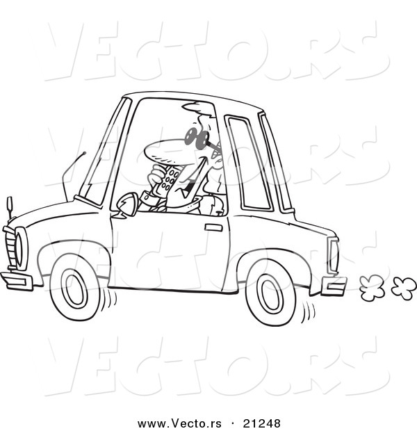 Vector of a Cartoon Businessman Talking on a Phone and Driving - Coloring Page Outline