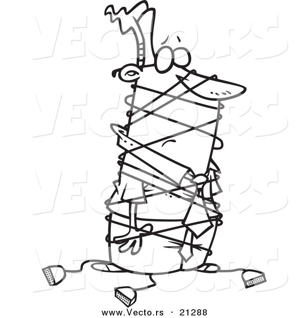 Vector of a Cartoon Businessman Tangled in Cables - Outlined Coloring Page