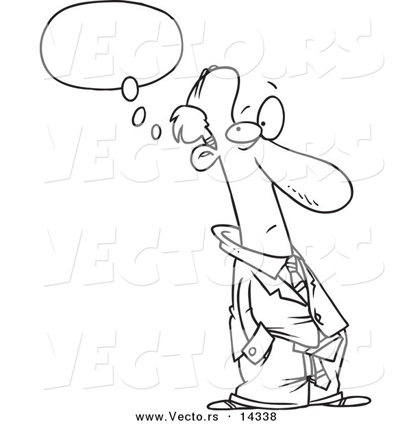Vector of a Cartoon Businessman Thinking with His Hands in His Pockets - Coloring Page Outline