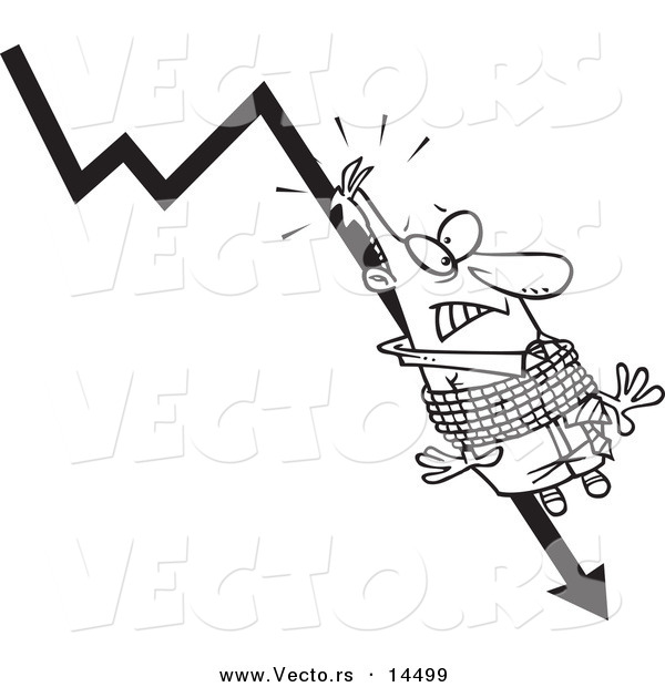 Vector of a Cartoon Businessman Tied to a Plumeting Arrow - Coloring Page Outline