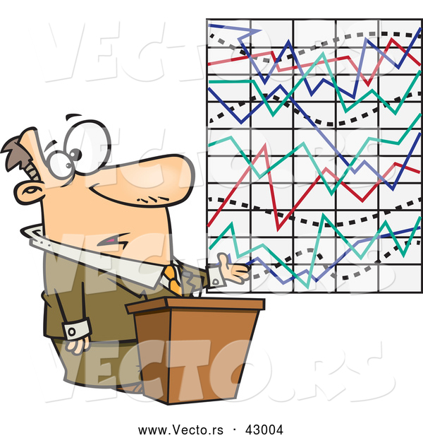 Vector of a Cartoon Businessman Trying to Explain a Complicated Graph Lines All over the Place