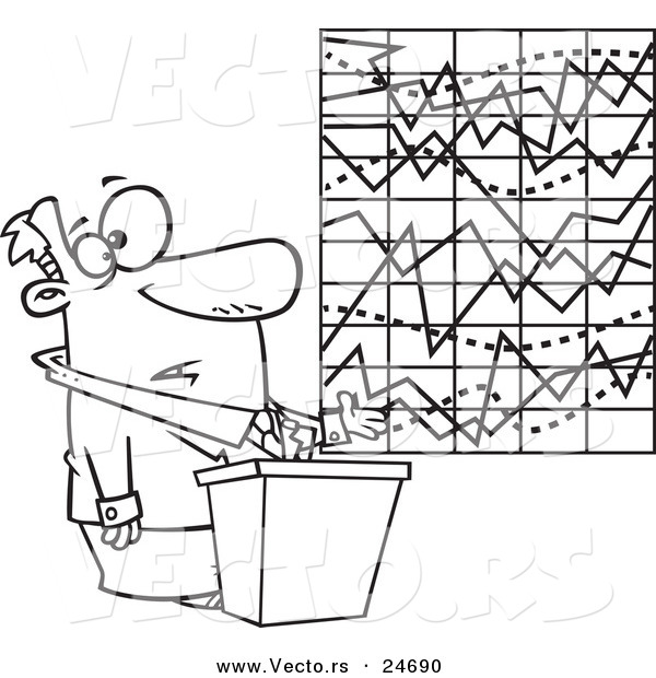 Vector of a Cartoon Businessman Trying to Explain a Messed up Chart - Outlined Coloring Page