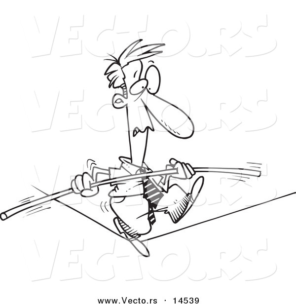 Vector of a Cartoon Businessman Trying to Maintain Balance on a Tight Rope - Coloring Page Outline