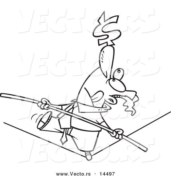 Vector of a Cartoon Businessman Trying to Maintain Balanced Budget on a Tight Rope - Coloring Page Outline